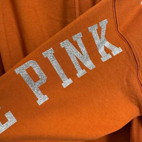 PINK Victorias Secret Orange Silver Glitter Varsity Long Sleeve Hoodie Shirt L N - Picture 6 of 10